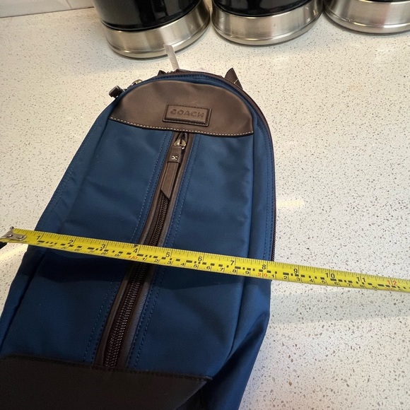 New with Tags Coach Dark Blue Varick Nylon Sling Bag with Brown Leather Trim - Picture 5 of 6